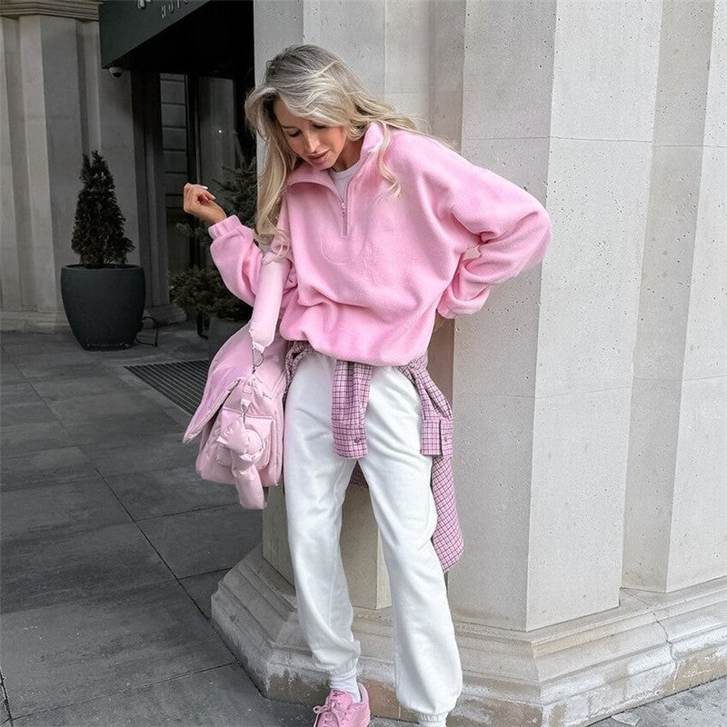 Cozy Oversized Fleece Pullover With Lapel Collar