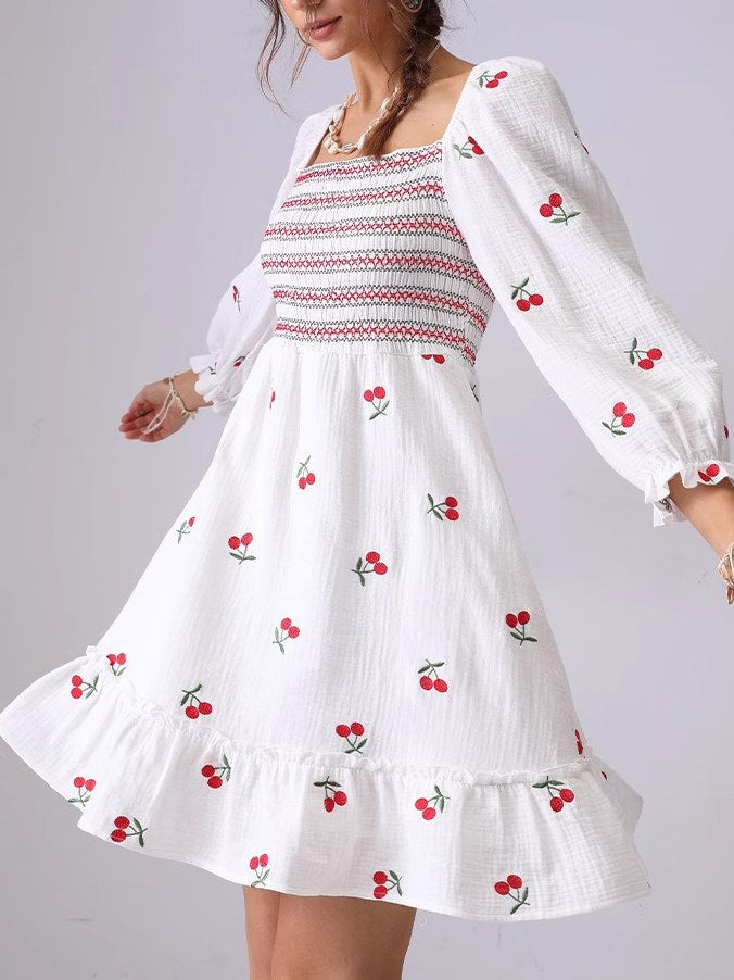 Cherry Smocking Square Collar Midi Dress