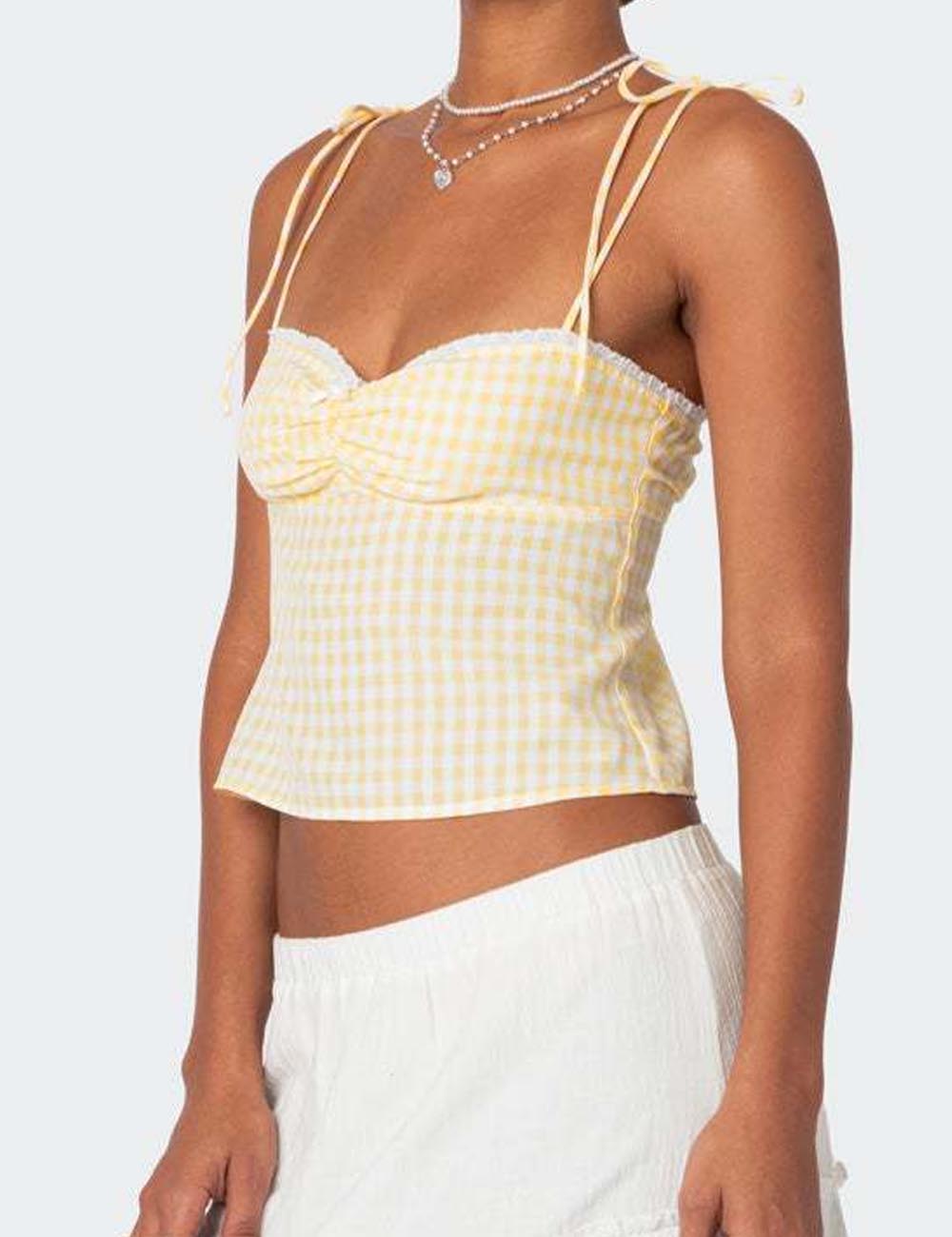 Sweet Plaid Lace Trim Spaghetti Strap Top