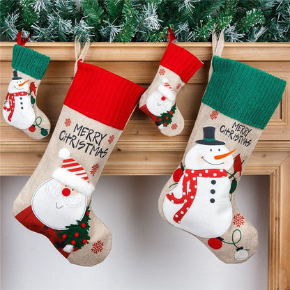 Linen Embroidery Old Man Snowman Gift Candy Bag Pendant Christmas Socks Gift Bag