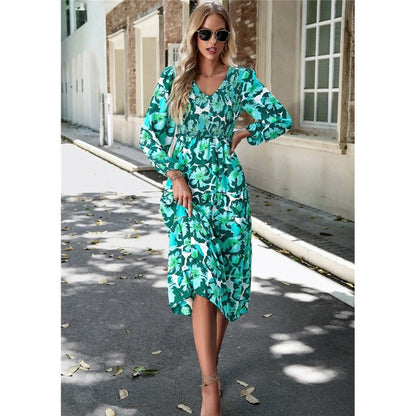 V Neck Print Nine Quarter Sleeve Dress