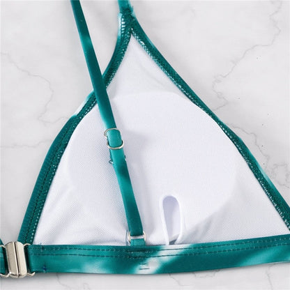 Split Three Piece Tie-Dye Printed Bikini Swimsuit