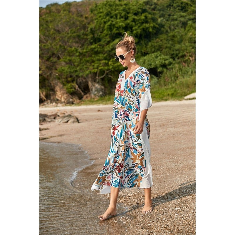 Contrast Color Patchwork Printing V-Neck Half Sleeve Casual Loose Long Beach Dress Bikini Cover-Up