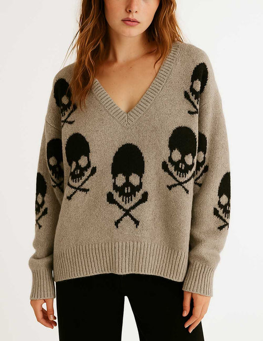 Halloween V-Neck Skull Pullover Sweater