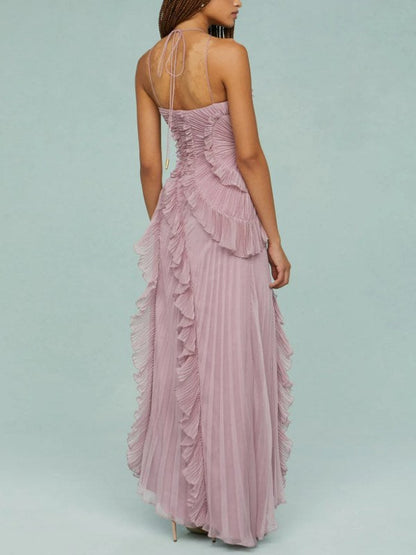 Flounce Pleated Halter Irregular Midi Dress