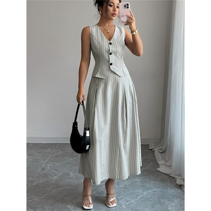 Striped Skirt Vest Two Piece Set