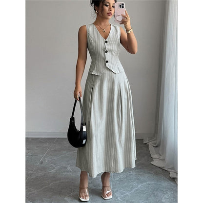 Striped Skirt Vest Two Piece Set