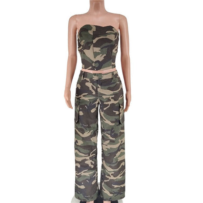 Fashion Camouflage Wrap Top Long Pants Set