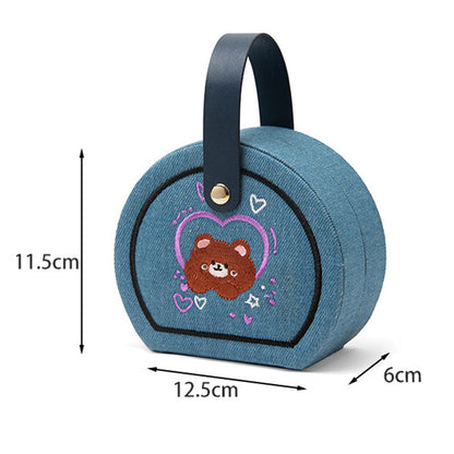 Denim Heart Embroidered Jewelry Box with Handle