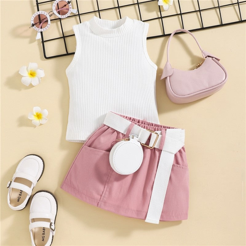 Crewneck Sleeveless Ribbed Vest And Skirt And Belted Waist Bag Three Pieces Suits