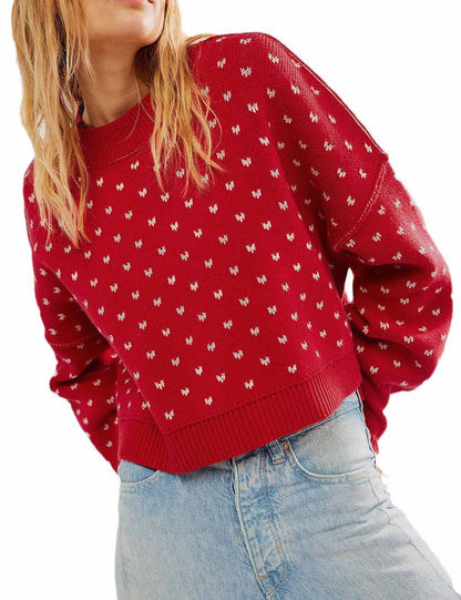 Trendy Round Neck Butterfly Jacquard Cropped Sweater