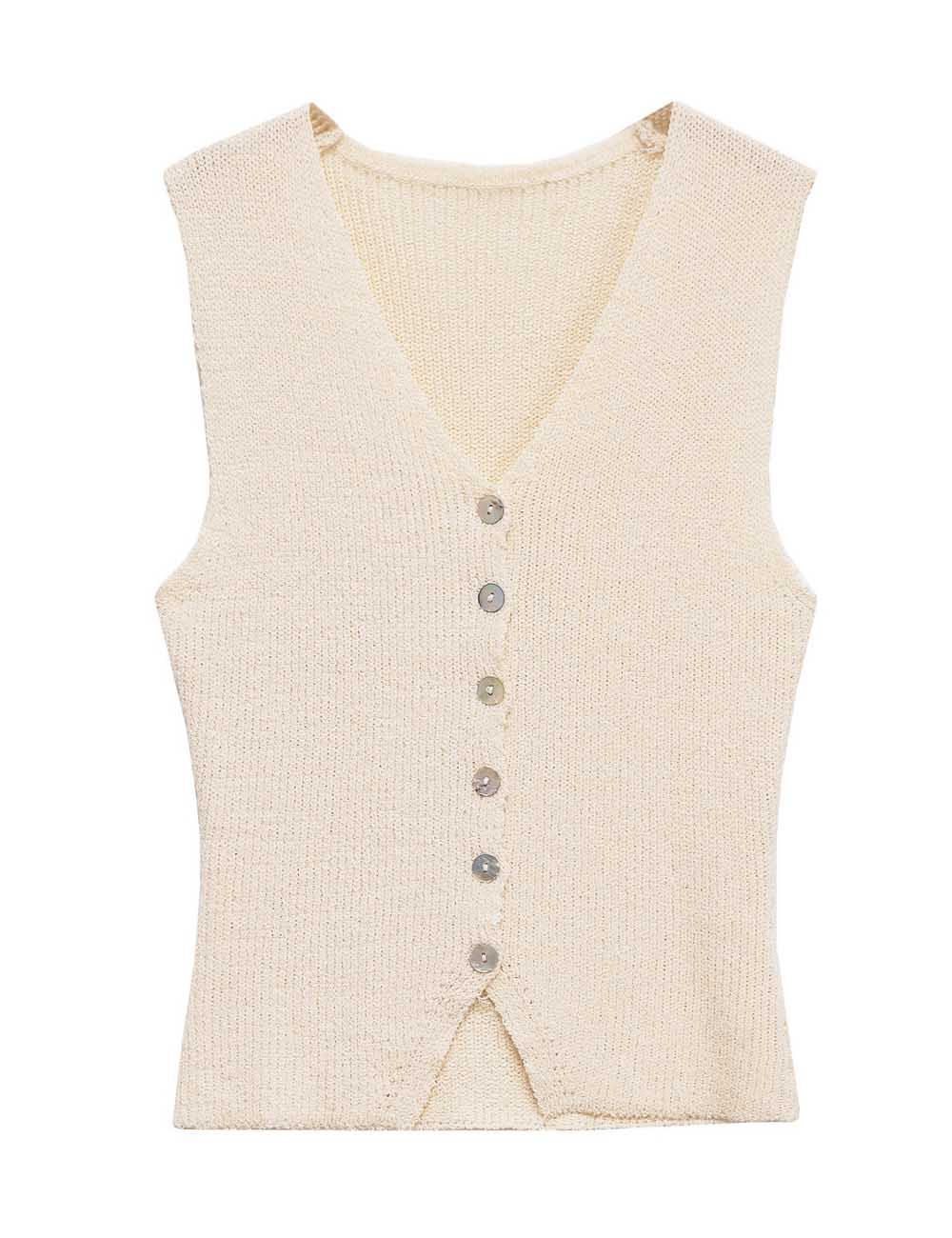 Button Down Sleeveless V-Neck Knit Top