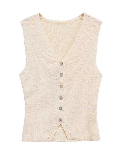 Button Down Sleeveless V-Neck Knit Top