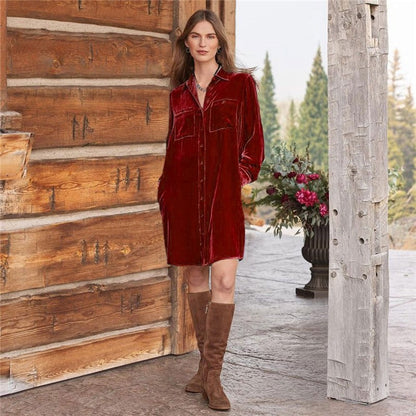 Casual Velvet Solid Color Shirt Dress