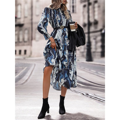 Long Sleeves Crewneck Printing A-Line Casual Dress