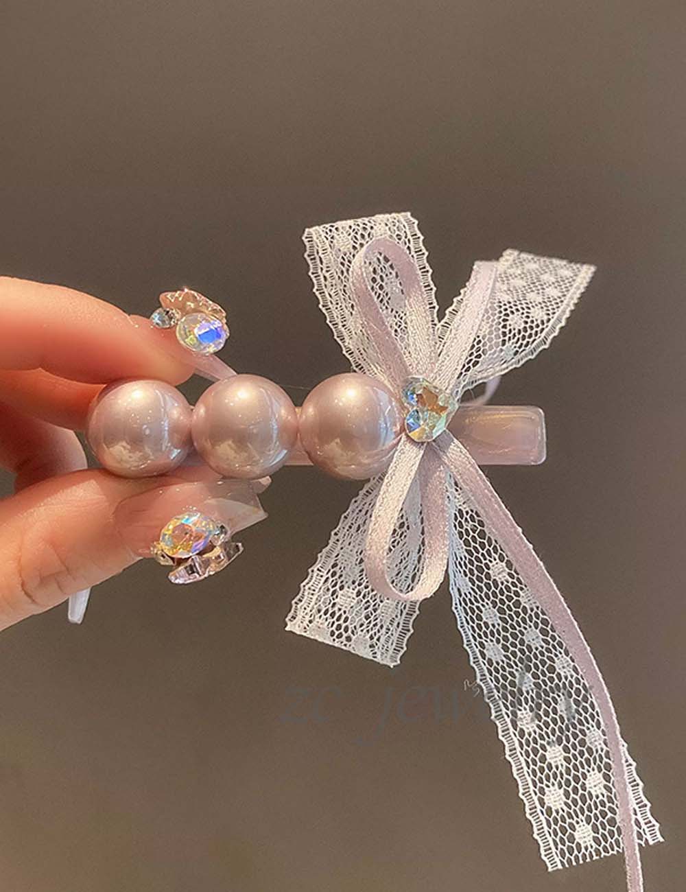 Sweet Lace Bow Ribbon Pearl Hair Clip