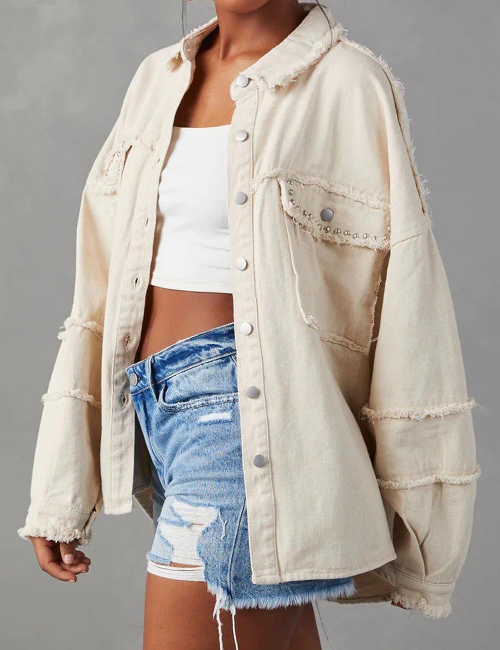 Retro Rivet Studded Frayed Oversize Denim Jacket