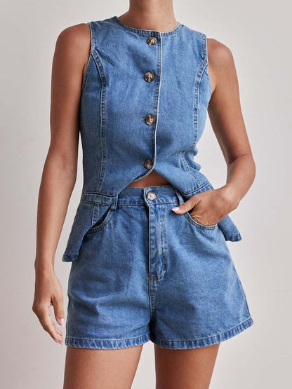 Sleeveless Button Vest Short Denim Set