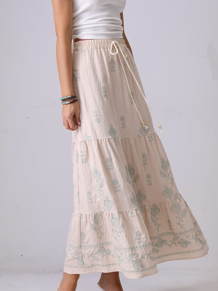 Floral Embroidered String Maxi Skirt