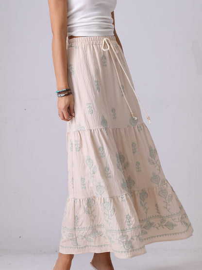 Floral Embroidered String Maxi Skirt