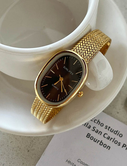 Retro Oval Dial Gold Stainless Steel Watch