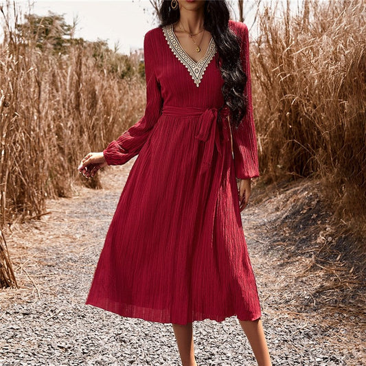 Long Sleeves V-Neck Waist Tied A-Line Midi Dress