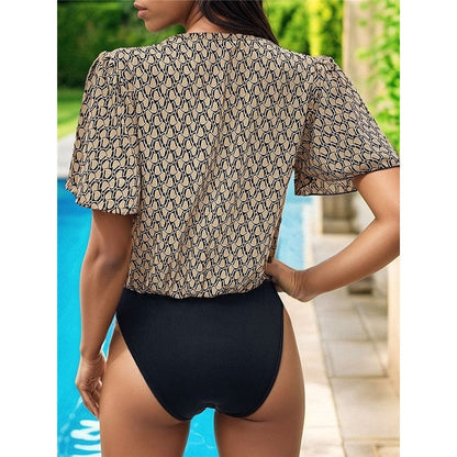 Sexy Contrasting Color Patchwork V-Neck Ruffle Sleeve Jumpsuit