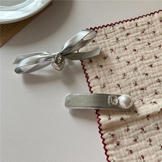 Silver Pearl Bow Hair Clip With Heart Pendant