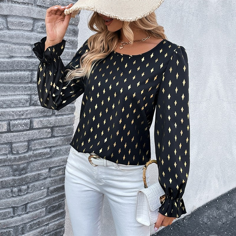 Long Sleeves Crewneck Printing Elegant Blouse Top