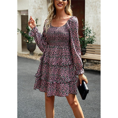 Floral Square Neck Long Sleeve Dress