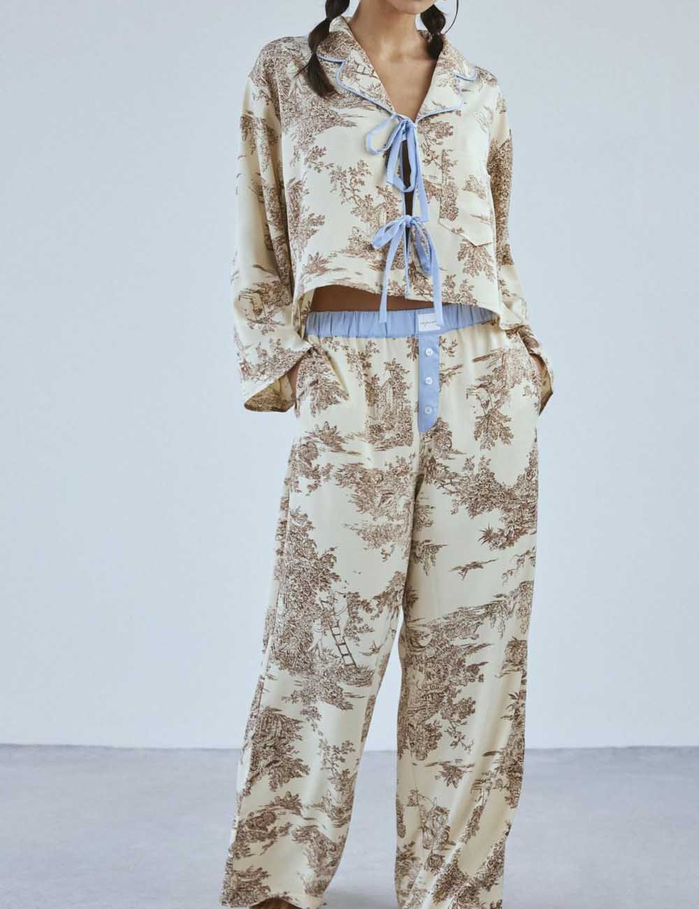 Floral Print Long Sleeve Long Pants Sleepwear Set