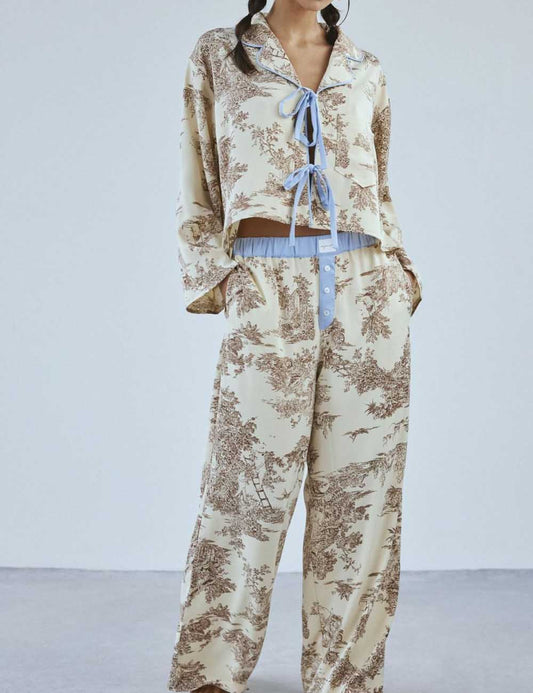 Floral Print Long Sleeve Long Pants Sleepwear Set