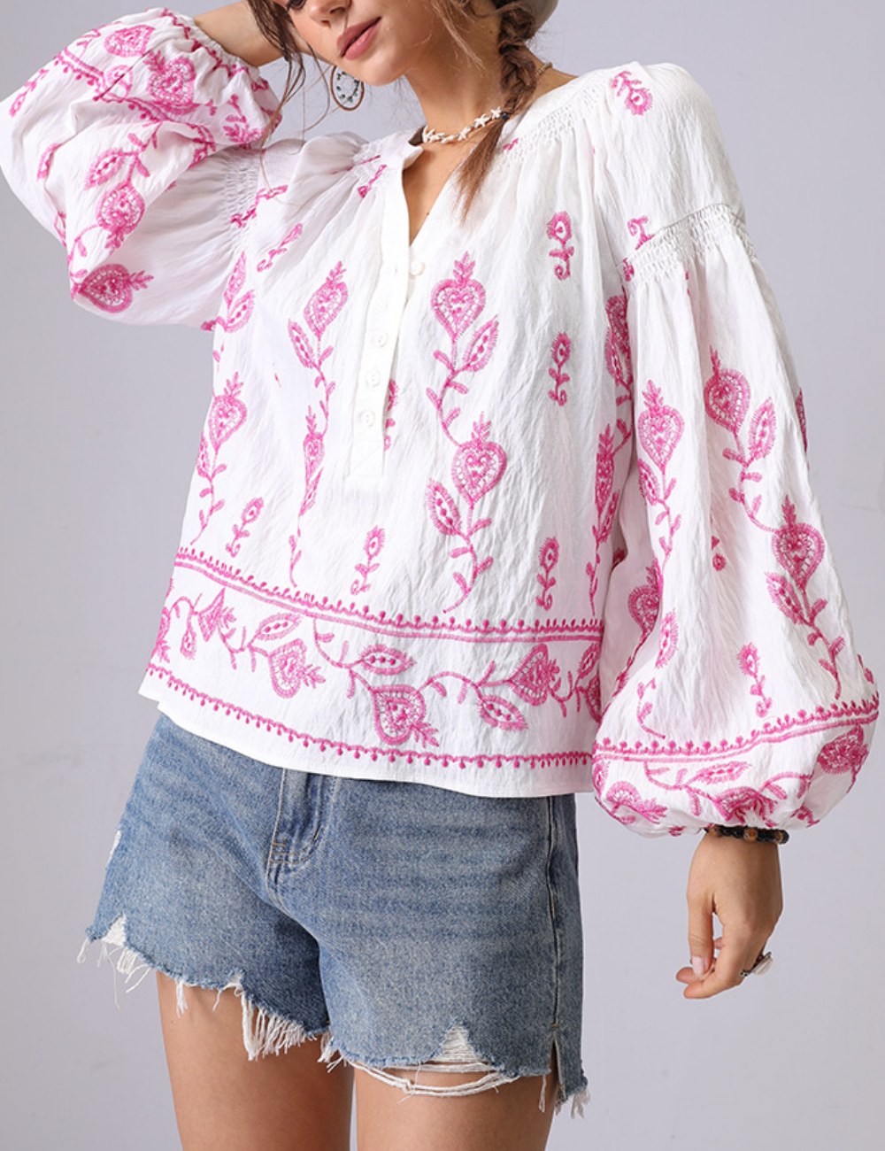 Floral Embroidered Loose Button Shirt