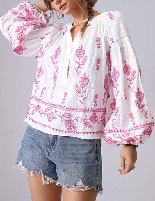 Floral Embroidered Loose Button Shirt