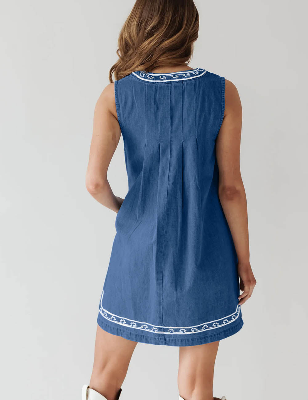 Trendy V-Neck Sleeveless Embroidered Denim Dress