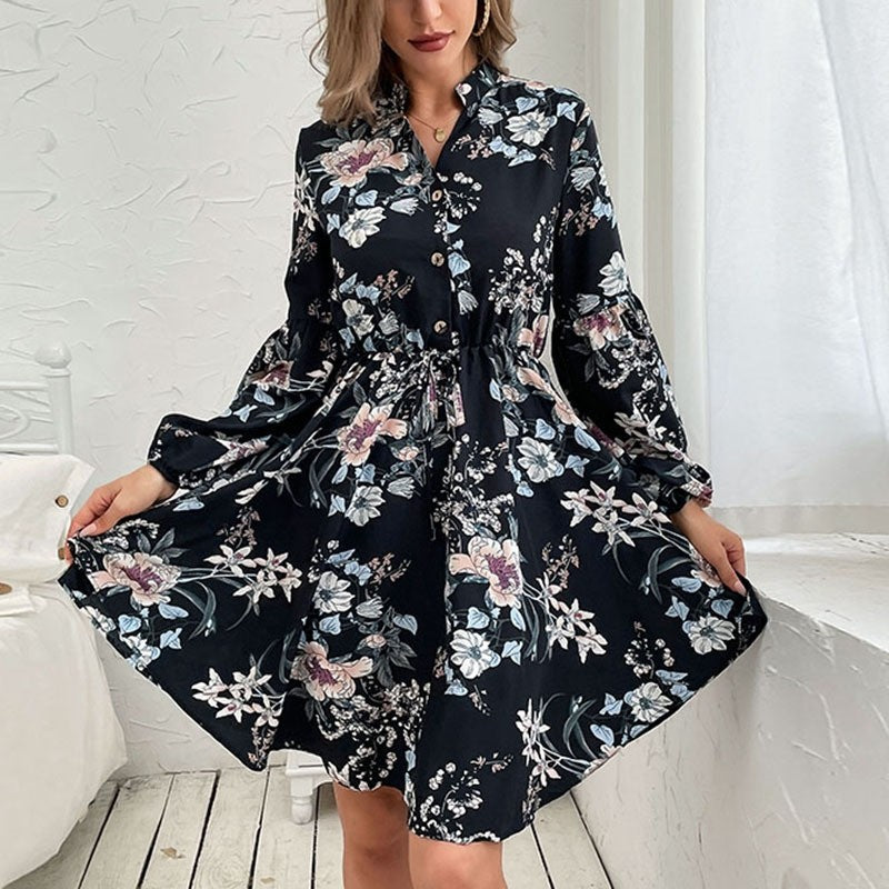Black Vintage Long Sleeve Printed Dress