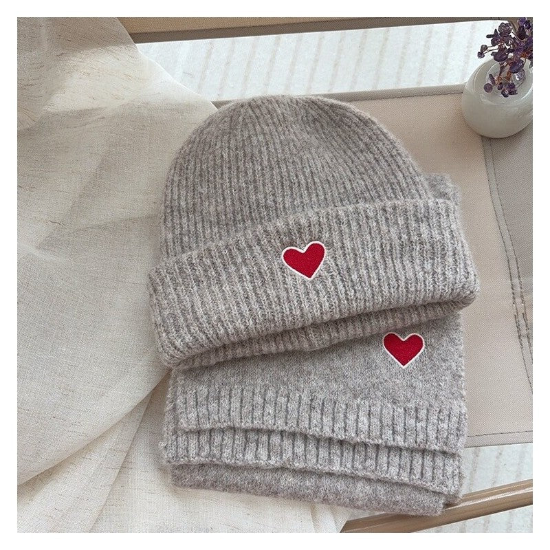 Kids Knit Hat Scarf Set With Heart Embroidery