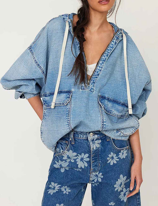 Casual Washed Denim Long Sleeve Hoodie