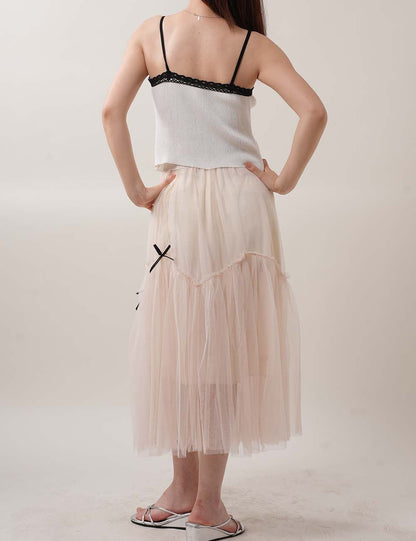Bow Tulle Layered Mesh A-Line Miid Skirt