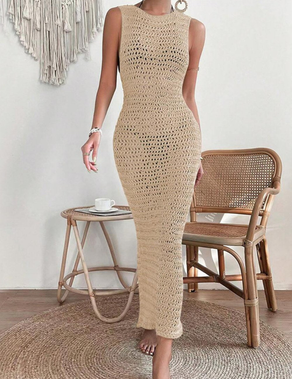 Solid Color Hollow Out Sexy Split Swim Cover Up