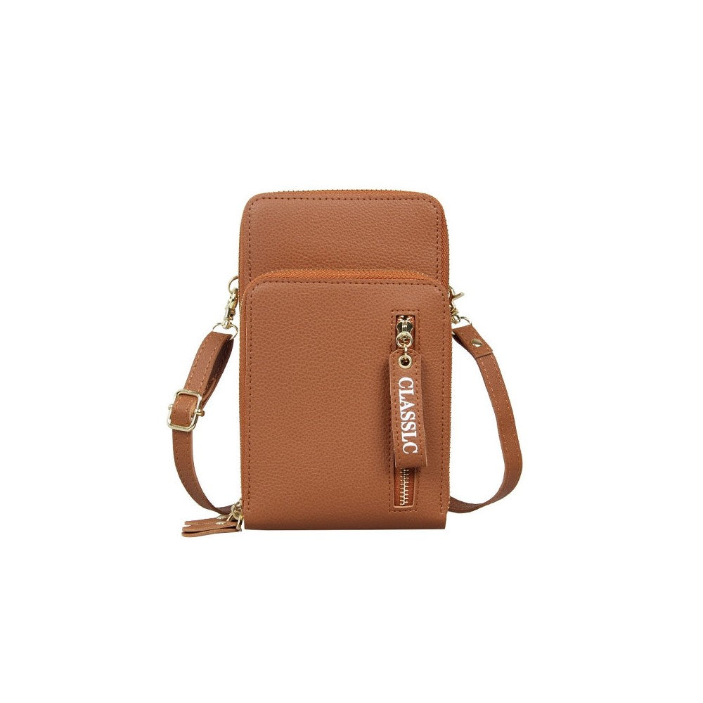 PU Leather Solid Color Double Layer Zippers Large Capacity Multifunctional Cell Phone Purse Crossbody Bag