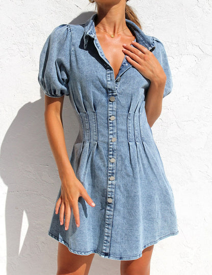 Washed Lapel Button Short Sleeves Denim Mini Dress