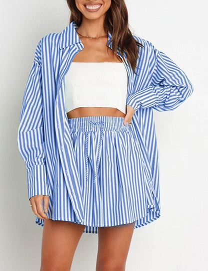 Stripe Color Block Split Shirt Short Set