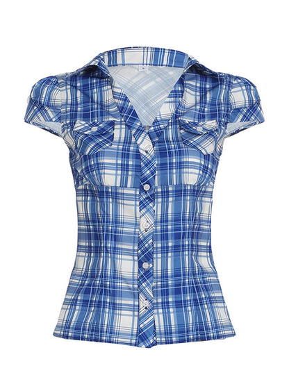 Vintage Plaid V-Neck Short Sleeve Shirt