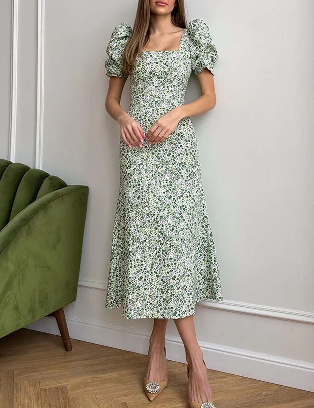 Elegant Floral Print Square Neck Midi Dress