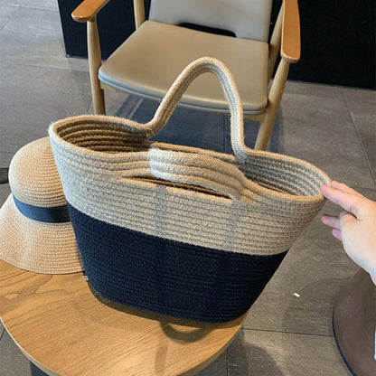 Color Block Straw Woven Handbag