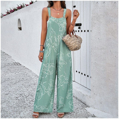 Contrast Color Printing Sleeveless Wide Leg Jumpsuits