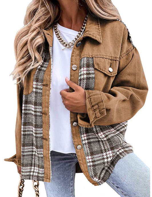 Vintage Color Block Plaid Long Sleeve Jacket