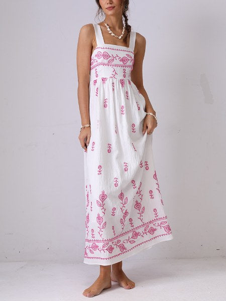 Floral Embroidered Backless Strap Maxi Dresses