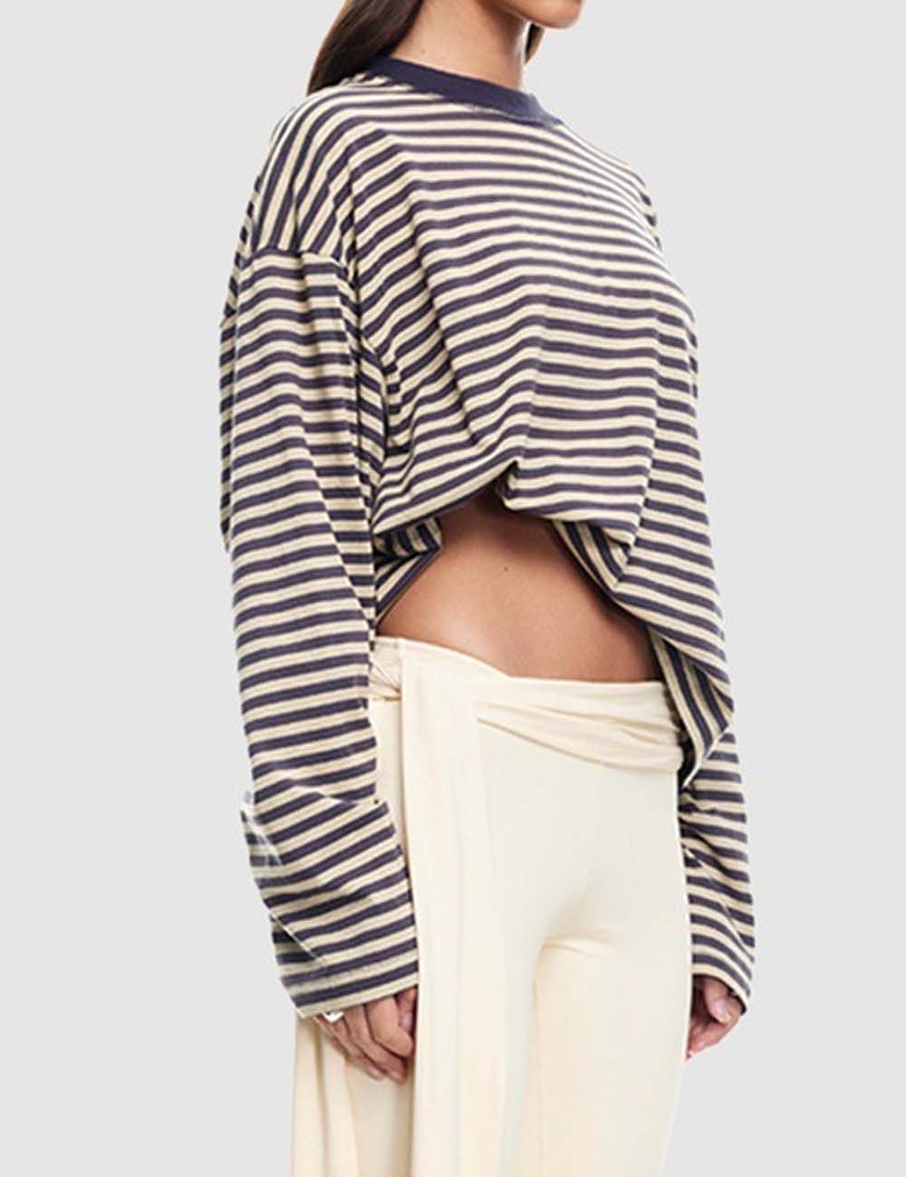 Round Neck Striped Long Sleeve Loose Shirt